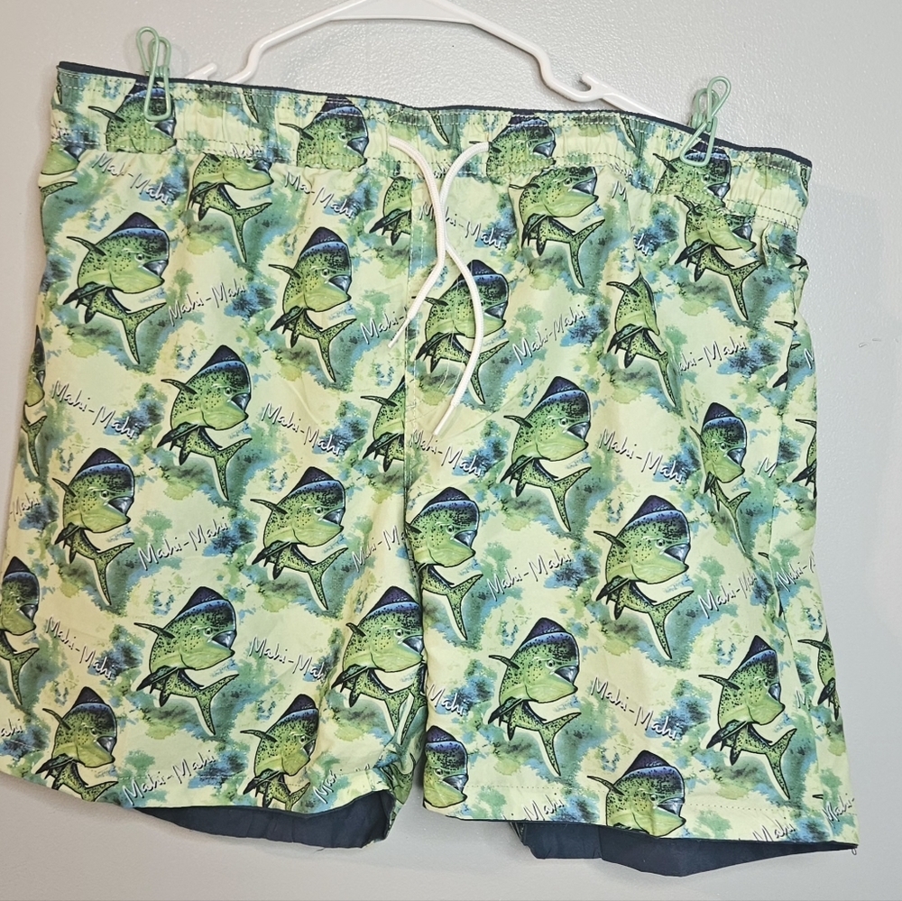 🩵Wave Life Mens Swim Shorts Trunks Reversible Fish Blue Green‎ Sz 36💚